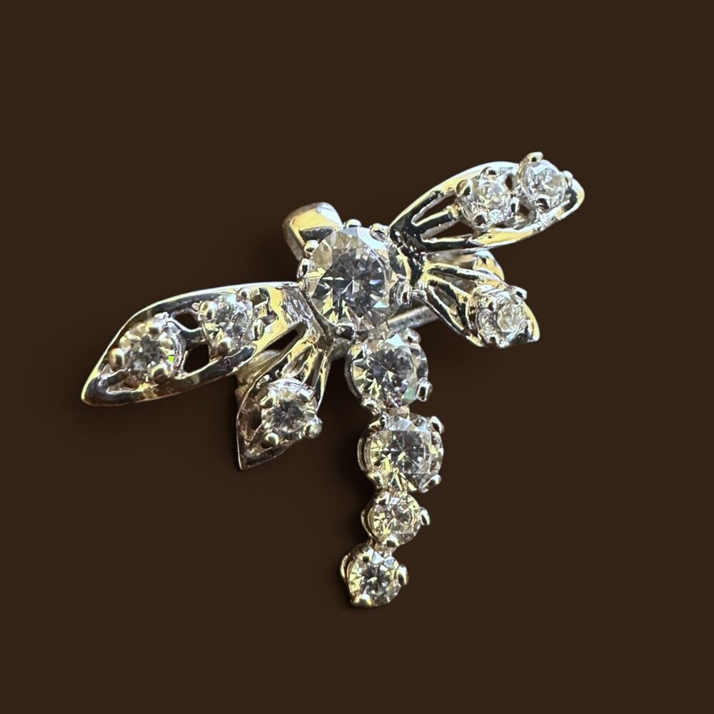 Vintage 14K White Gold CZ Dragonfly Brooch Pendant Mexico Convertible Pin
